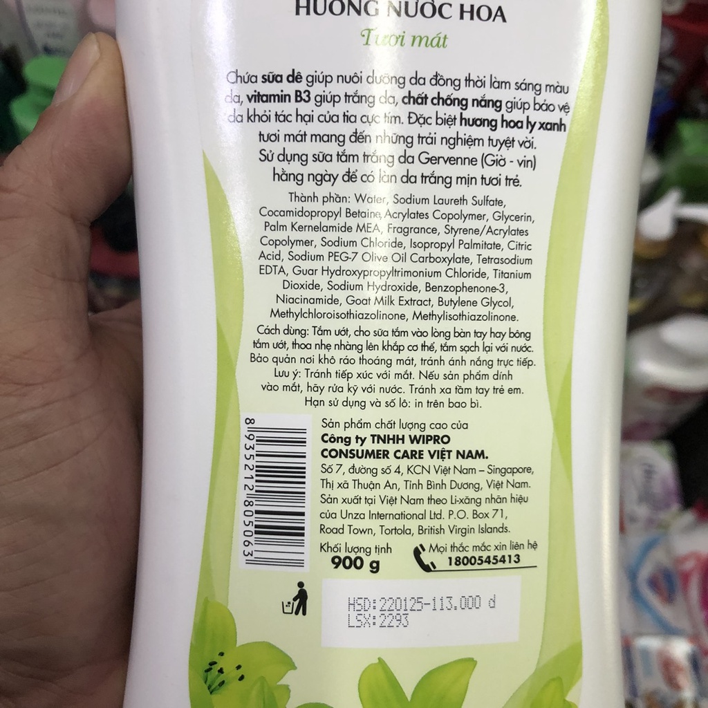 Sữa tắm trắng da Gervenne Green Lily 900gr