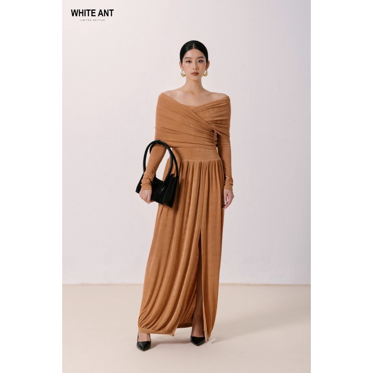 Đầm Trễ Vai Dập Ly Nữ White Ant KEANE CIRCULAR DRESS Chất Liệu Vải Lazong Cao Câp 120400223