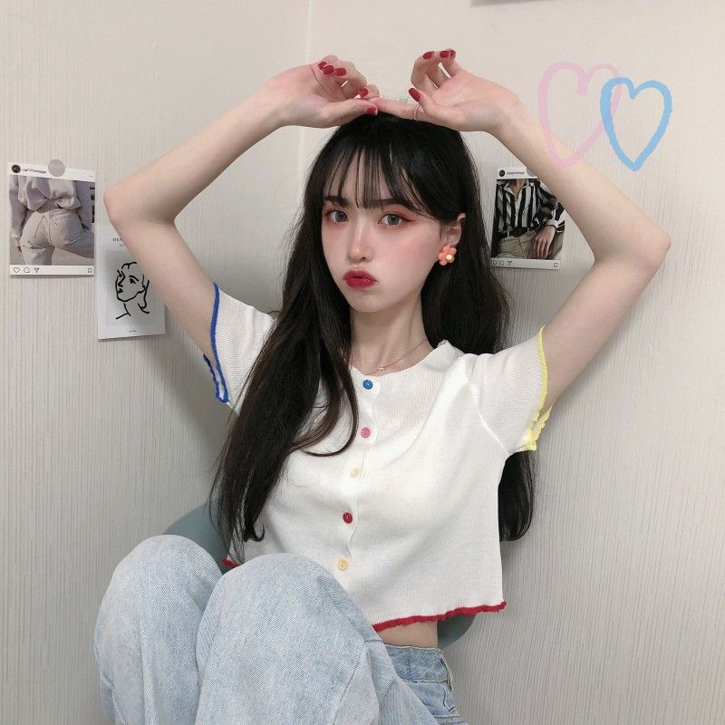 Áo Thun Dệt Kim Tay Ngắn Cài Nút Màu Sắc Thời Trang Mùa Hè Hàn Quốc 2022 Dành Cho Bạn Nữ