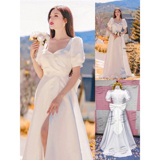 (nhận may theo size) đầm dạ hội cưới tay phồng váy xẻ tà đuôi nơ cô dâu đi bàn chụp hình cưới đi tiệc
