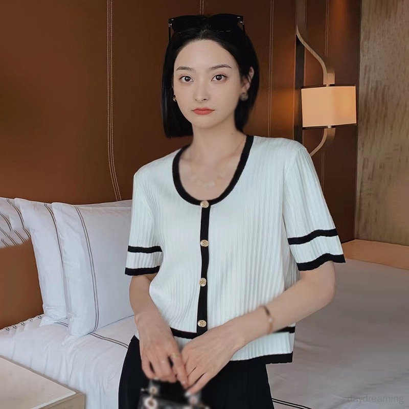 Áo Croptop Dệt Kim Cổ Tròn Màu Tương Phản Thời Trang Mùa Hè Cho Nữ