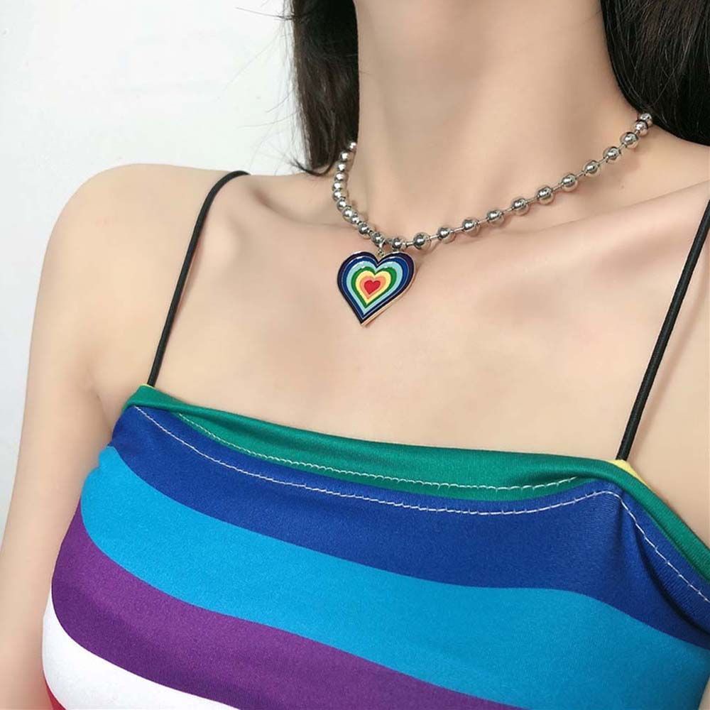 Vòng cổ hợp kim mặt trái tim màu cầu vồng thời trang Hàn Quốc đơn giản ngọt ngào cho nữ