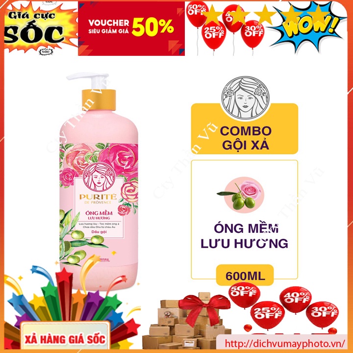 Dầu Gội Purité  Hoa Anh Đào và Hoa Hồng 600ml Dưỡng Chất Thiên Nhiên, Giúp Trẻ Hóa Sau Mỗi Lần Gội