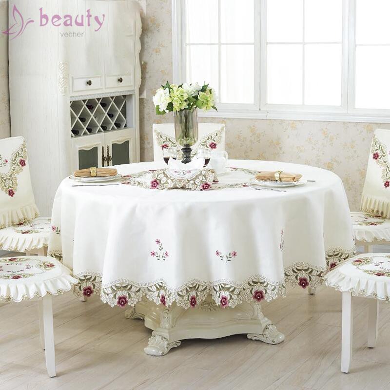 Khăn trải bàn vải lanh hình tròn thêu họa tiết hoa sang trọng chất lượng cao
