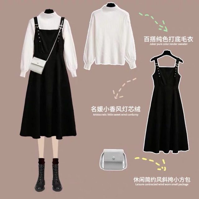 Set váy yếm, áo len tay bồng