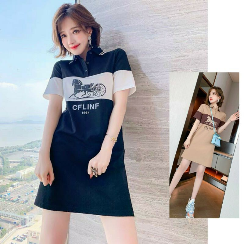 Hàng nhập - Đầm dáng suông họa tiết ngựa phối màu, váy thun xuông cổ bẻ trẻ trung