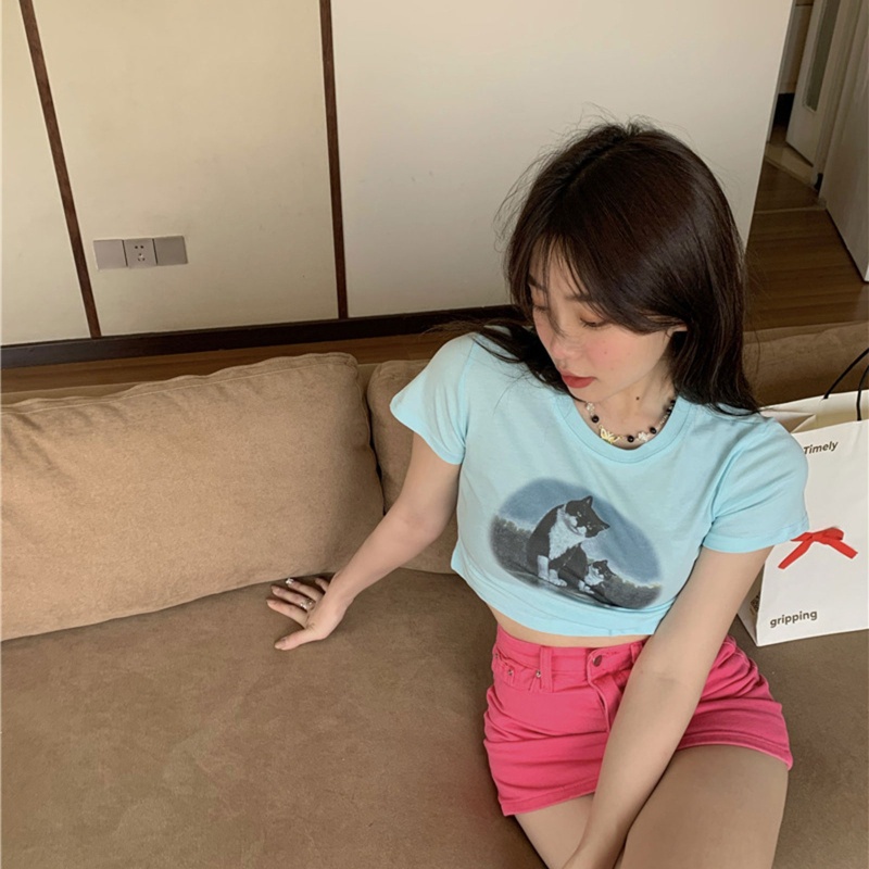 Áo Croptop Tay Ngắn Cổ Tròn Màu Trơn In Họa Tiết Hoạt Hình Đơn Giản Thời Trang Cho Nữ