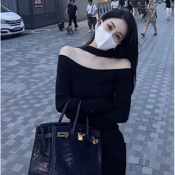 Áo sweater dệt kim dáng ôm hở vai cho nữ