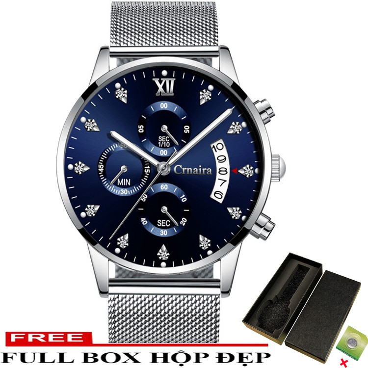 Đồng Hồ Nam Crnaira Japan C1122 Mặt Đính Đá Chạy 6 kim Dây Thép Mành Cao Cấp