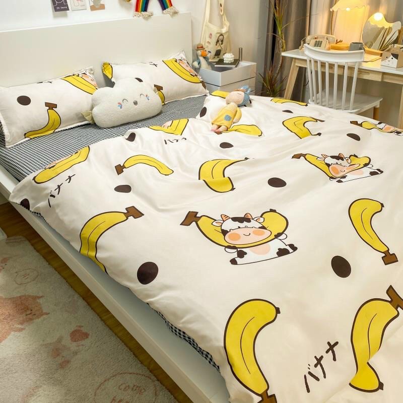 Bộ chăn ga và gối cotton poly -mẫu bò ăn chuối (luis bedding miễn phí bo chun)