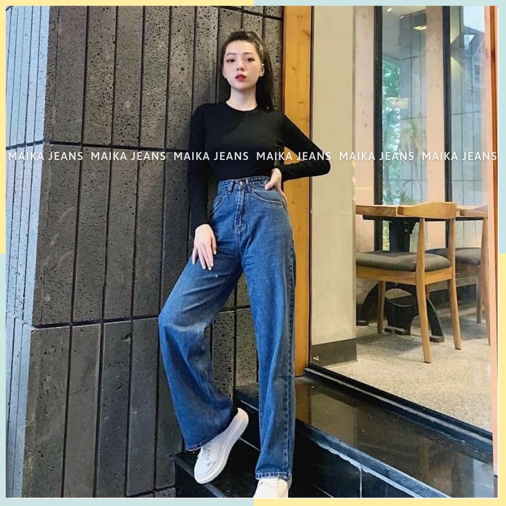 (Hot trend) Quần Jean Ong Đứng Nữ Màu Xanh Lưng Siêu Cao Hách Dáng Shop Maika Jeans