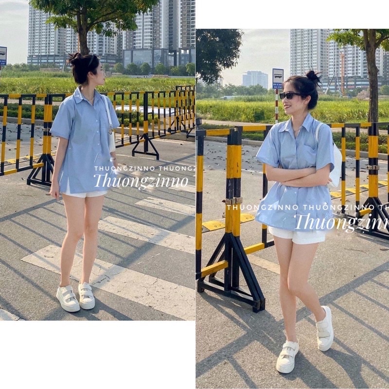 [Ảnh thật/Video]Áo Sơ Mi Ngắn Tay Xẻ Tà