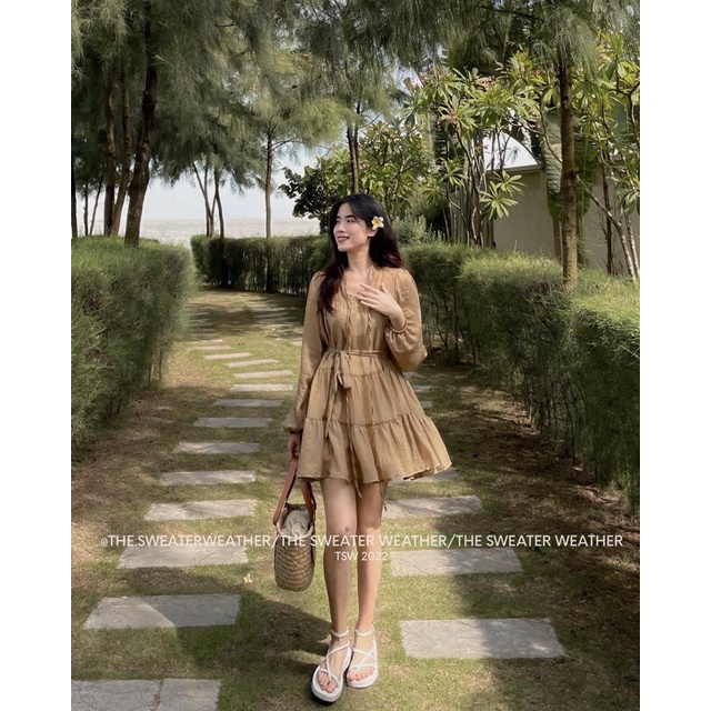 Váy Tơ Nhăn Kèm Đai Tay Dài Dáng Babydoll 4 Màu Siêu Xinh Có Ảnh Thật