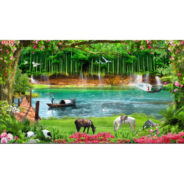 Tranh dán tường 3d phong cảnh thiên nhiên trang trí phòng khách chất liệu decal pp keo sẵn bóc dán atk14