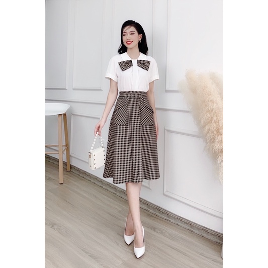 Set áo sơ mi và chân váy kẻ thanh lịch, đi làm đi chơi đều đẹp S4854