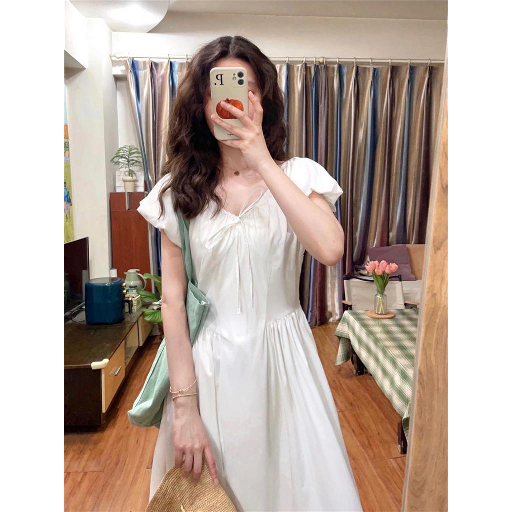 Đầm Trơn Màu Cổ V Ngắn Tay Thời Trang Pháp Quý Phái 64102