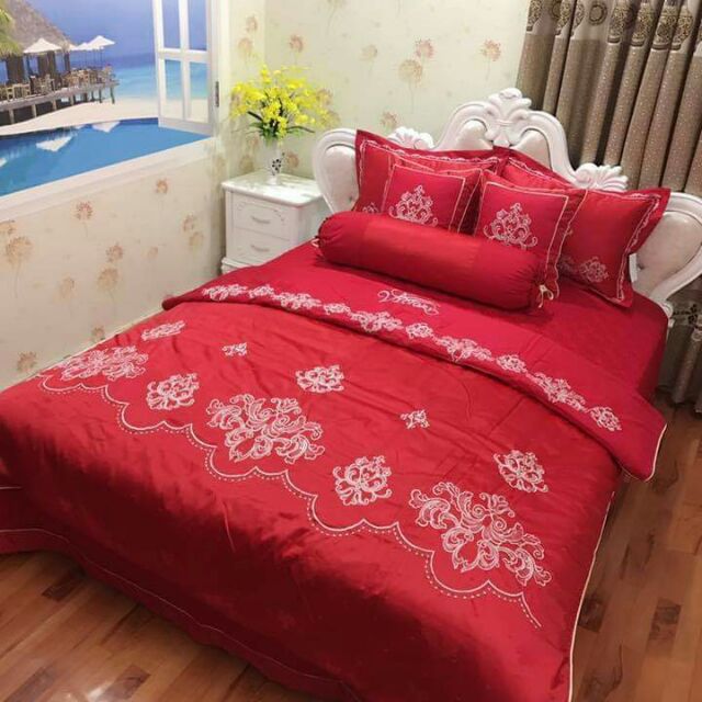 Rẻ vô địch. Set chăn ga gối gấm lụa thêu cao cấp 7 món.