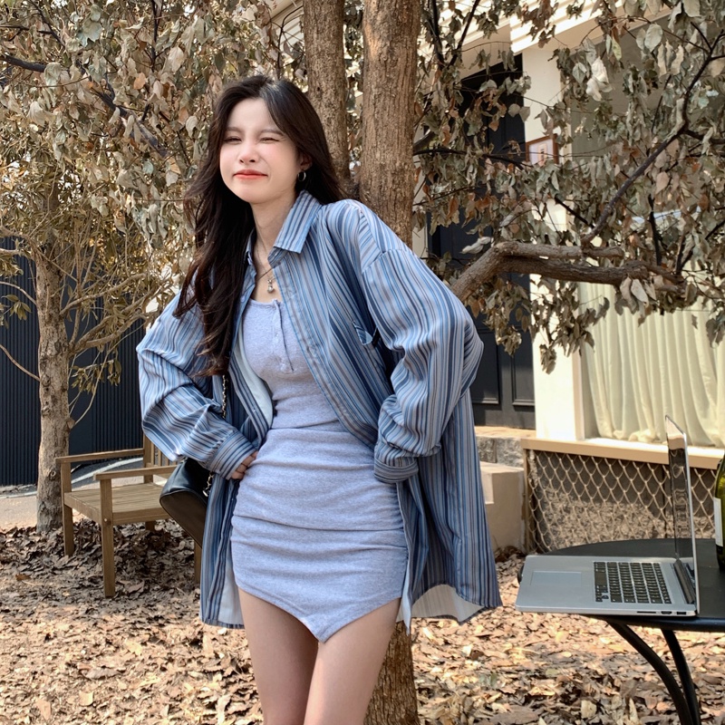 ZHELIHANGFEI Áo Sơ Mi Sọc Dọc Tay Dài Theo Phong Cách Retro Dễ Phối Đồ