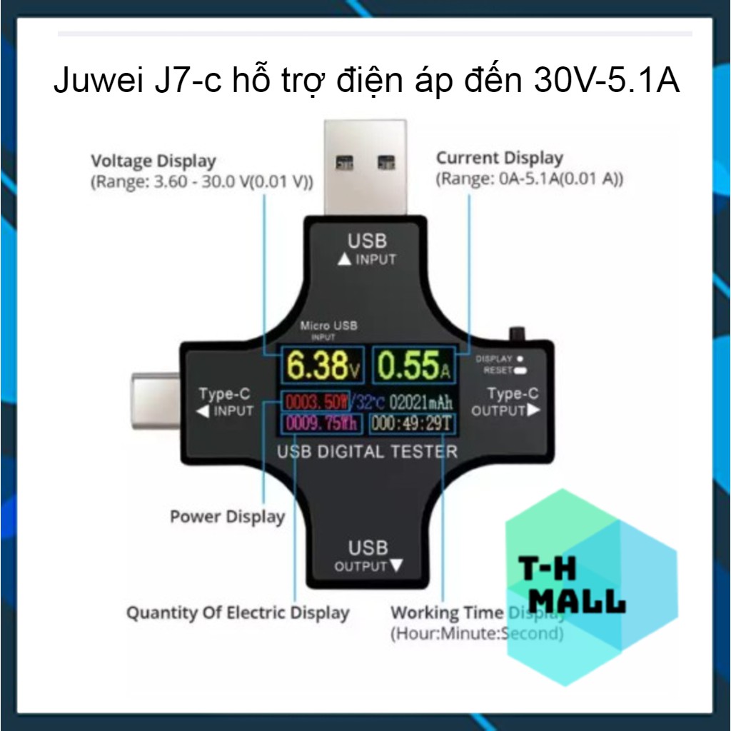 Usb tester / Thiết bị kiểm tra đo dòng điện, điện áp J7-c (hỗ trợ Type C, màn hình màu)