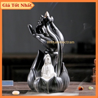 Thác khói trầm hương quan âm bồ tát tọa thiền đài sen tặng 3 nụ trầm