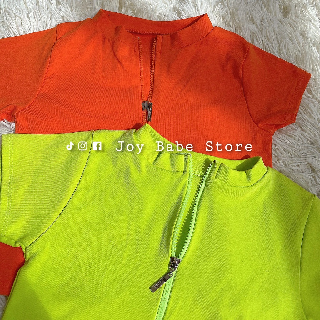 Áo thun croptop cổ bẻ kéo khóa JOY BABE🍊 thun xịn co giãn 4 chiều 🍀 crop polo trơn basic cam xanh lá sáng da CRON 14 -4E