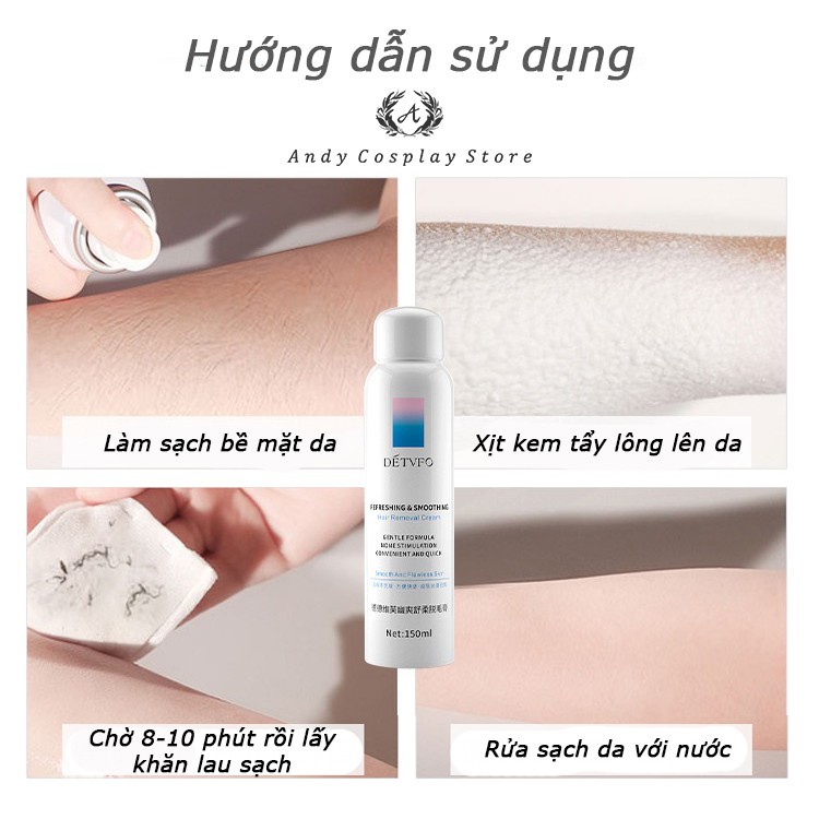 Xịt Tẩy Lông DETVFO Tẩy Lông Làm Sạch Da An Toàn Lành Tính, Không Bong Chóc Da (150ml) Chính Hãng Nội Địa Trung