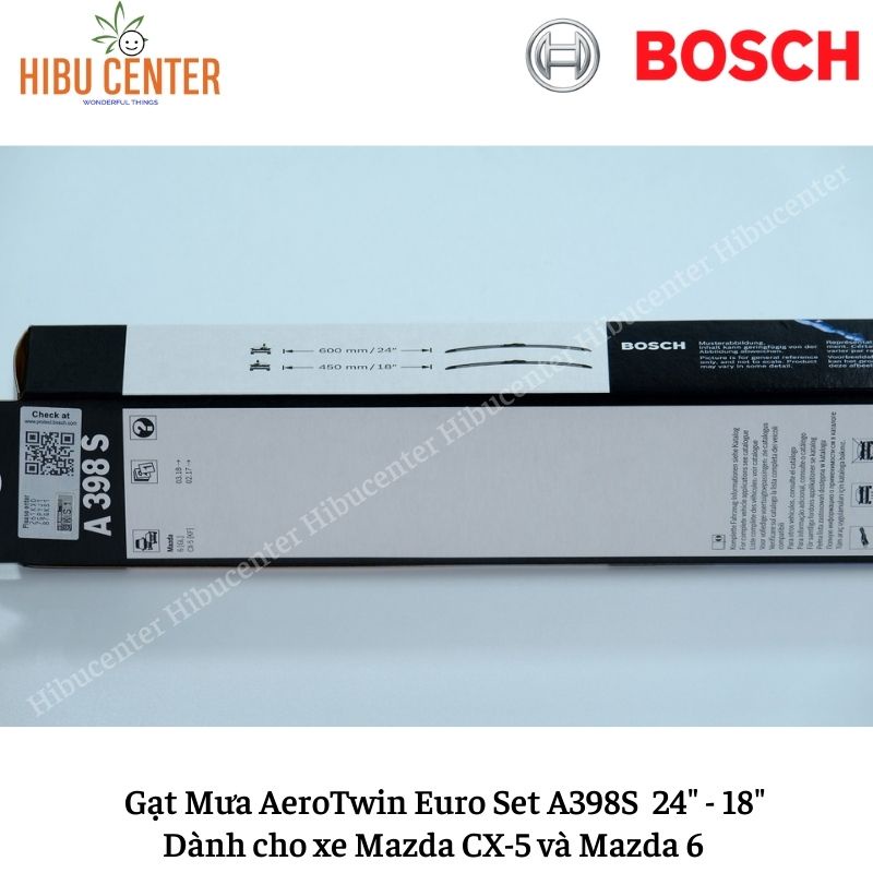 Gạt Mưa BOSCH AeroTwin Euro Set A398S Kích thước 24”/60cm – 18”/45cm | Dành cho Xe Mazda CX-5 và Mazda 6 | Hibucenter