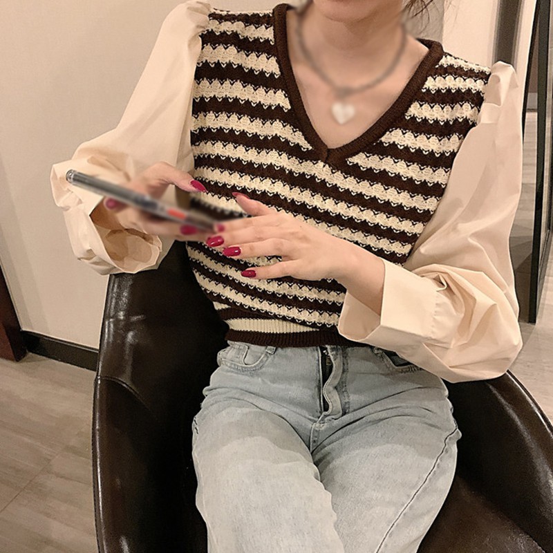 Áo Sweater Dài Tay Cổ Chữ V Kẻ Sọc Xinh Xắn Dành Cho Nữ