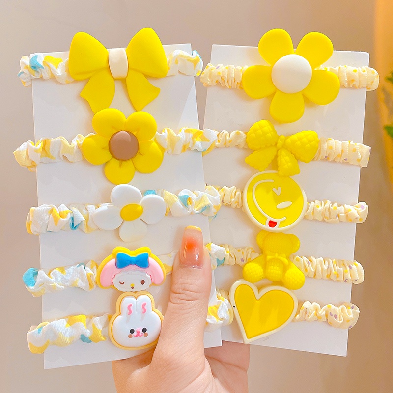 Set 5 Dây Buộc Tóc Cao Su Co Giãn Màu Sắc Trơn Phong Cách Hàn Quốc Dành Cho Trẻ Em