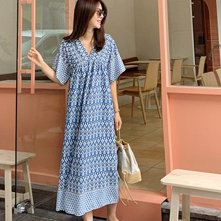 Korean Style Dress V-neck Dress Loose Dress Maxi Dress Short Sleeve Dress