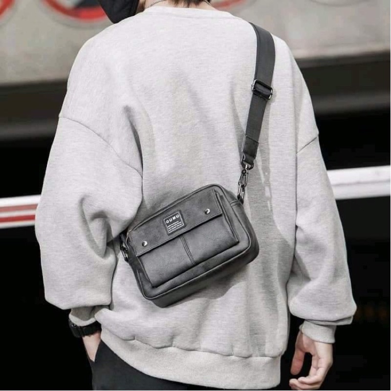 Túi da đeo chéo Nam nữ thời trang OUMO Street Wear Jino Studio màu Xám Cao