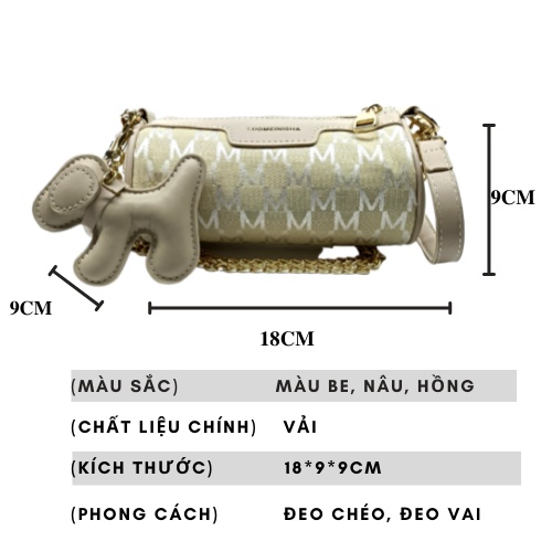 Túi xách nữ thời trang Quảng Châu đeo vai đeo chéo dáng trống dài độc lạ kèm móc khoá hình cún Bag Ami