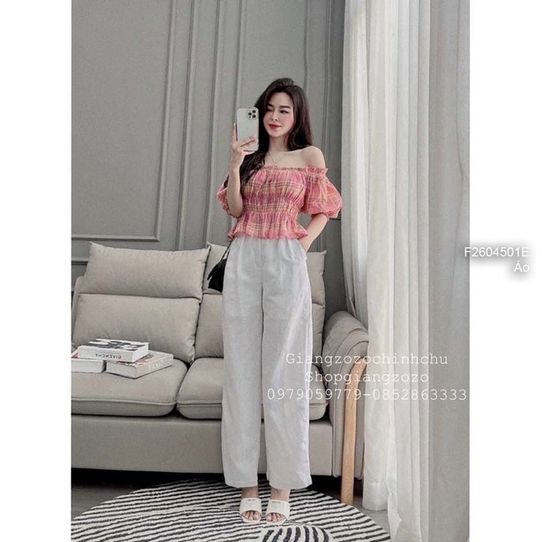 Áo caro kiểu trễ vai a2604