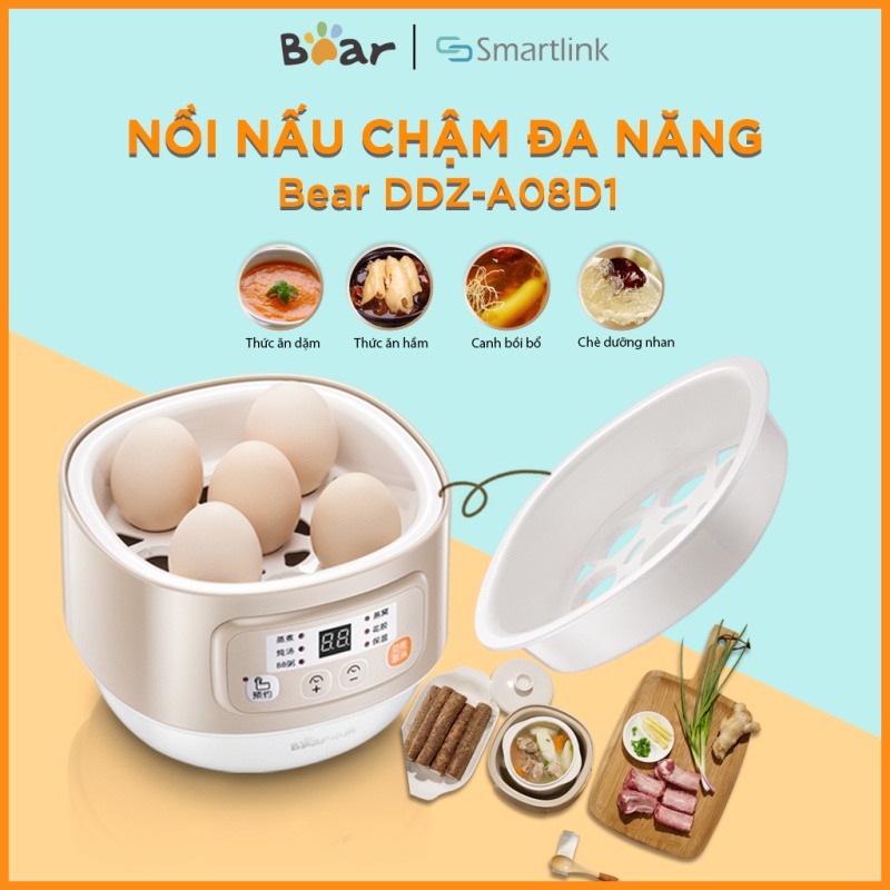 Nồi Nấu Chậm Đa Năng 4in1 Bear 0.8L, Nấu Cháo, Ninh, Hầm, Cách Thủy DDZ-A08D1 - Hàng Chính Hãng - Bảo Hành 18 Tháng