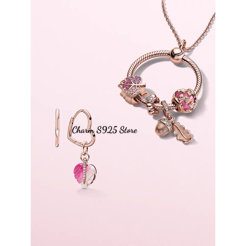 charm pan treo chiếc lá hồng đính đá bạc s925 cao cấp