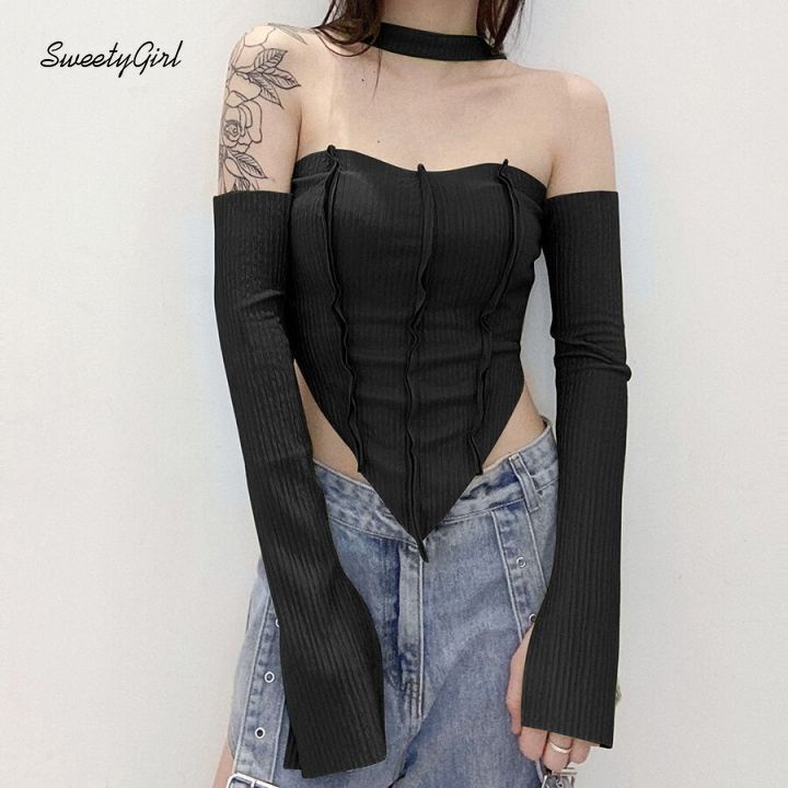 Áo croptop trễ vai tay dài dáng ôm màu trơn gợi cảm dễ phối đồ dành cho nữ