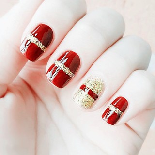 Bộ 24 móng tay giả dáng vuông màu đỏ phối vàng ánh kim + tặng kèm keo dáng móng