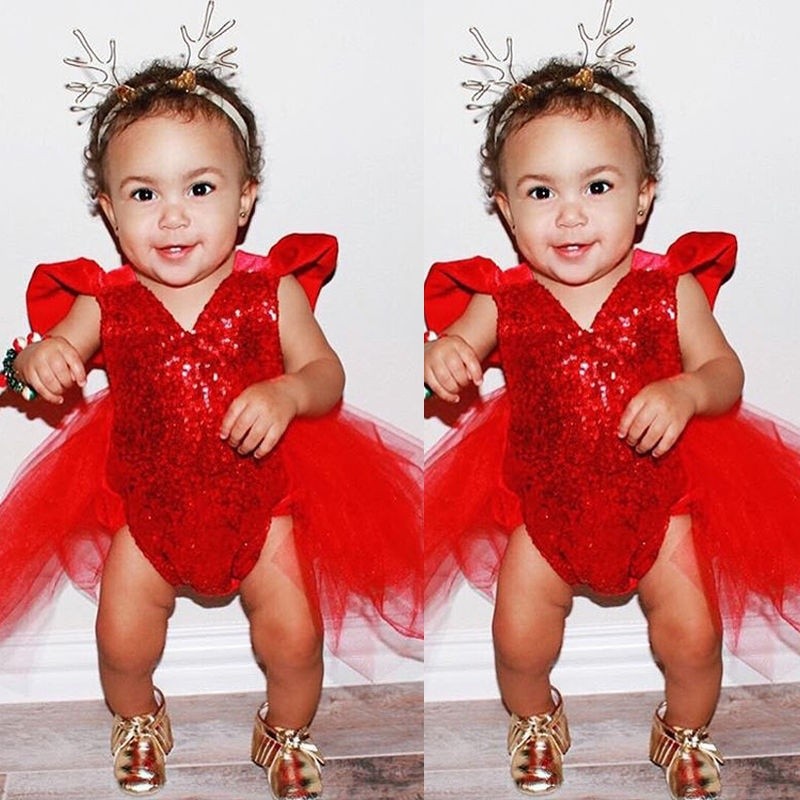 ღ♛ღXMAS Baby Girl Sequins Heart Tulle Romper Jumpsuit Outfits Sunsuit One-pieces