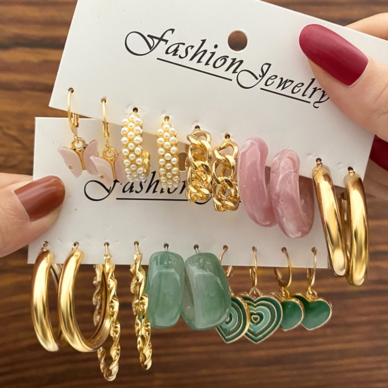 IF ME Bộ 2 Bông Tai Hình Tròn Họa Tiết Bướm/Rắn/Rắn Màu Vàng/Bạc Đính Ngọc Trai Thời Trang Dành Cho Nữ