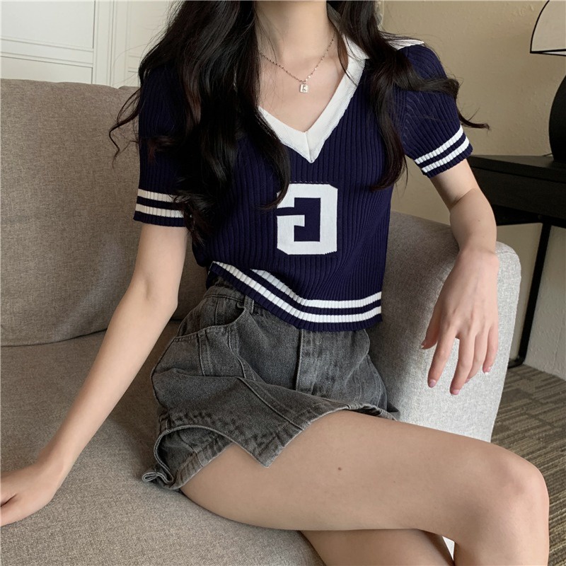 Áo kiểu ZHELIHANGFEI dệt kim tay ngắn cổ chữ V dáng rộng trẻ trung thời trang