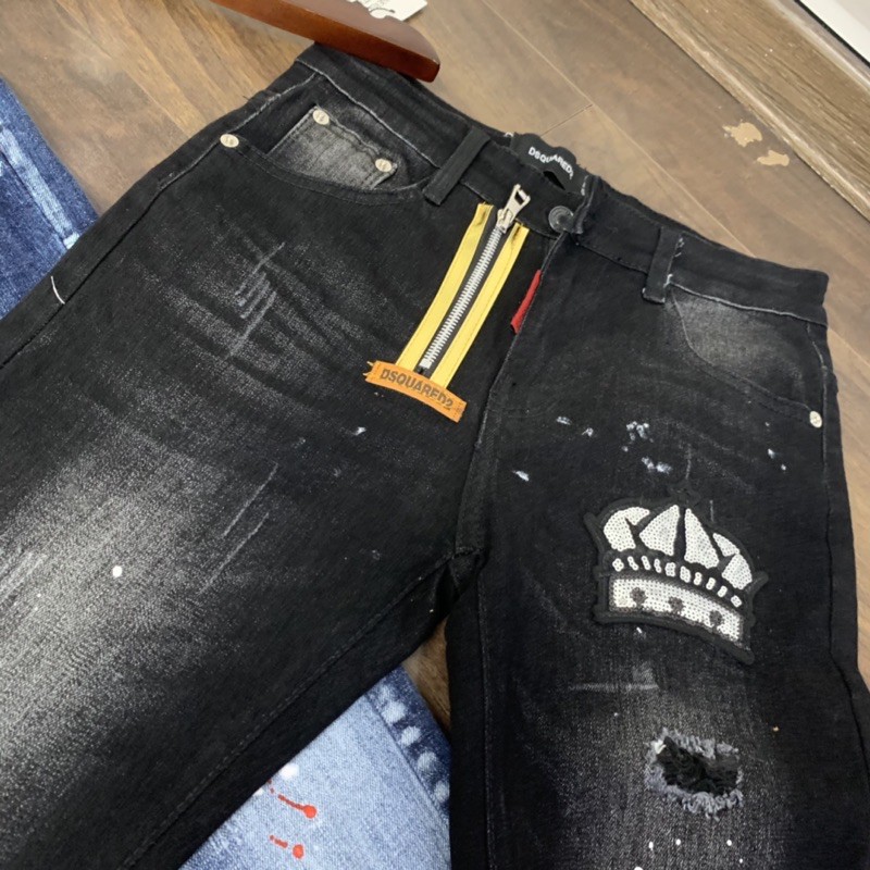 Quần biker bò côn khoá lệch vương miện kim sa | BigBuy360 - bigbuy360.vn