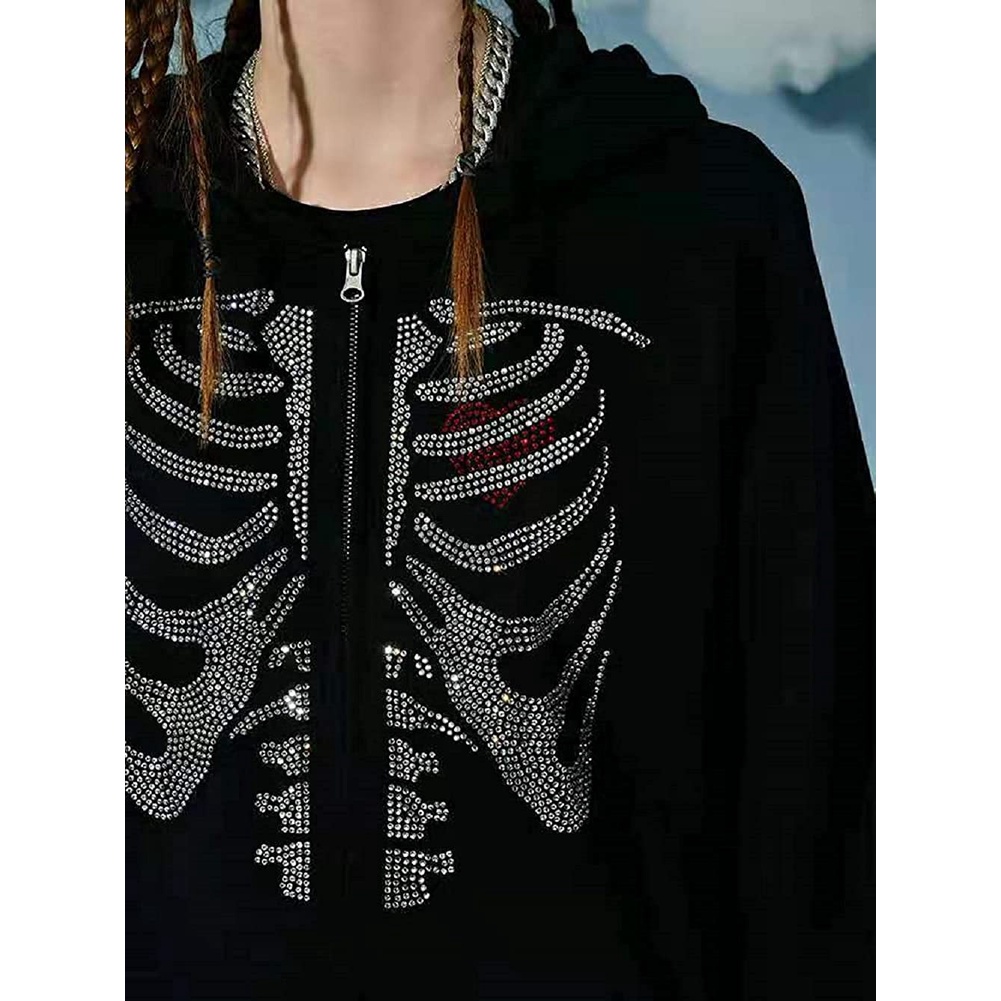 Áo Hoodie Có Dây Kéo 90s Họa Tiết Đầu Lâu Đính Đá Thời Trang Cho Nữ