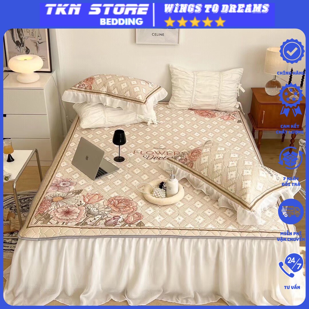 Chiếu điều hoà cao su 5D viền bèo mẫu mới , Chiếu cao su trần tim phủ bèo ren mát lạnh nhập khẩu (tặg 2 vỏ gối)