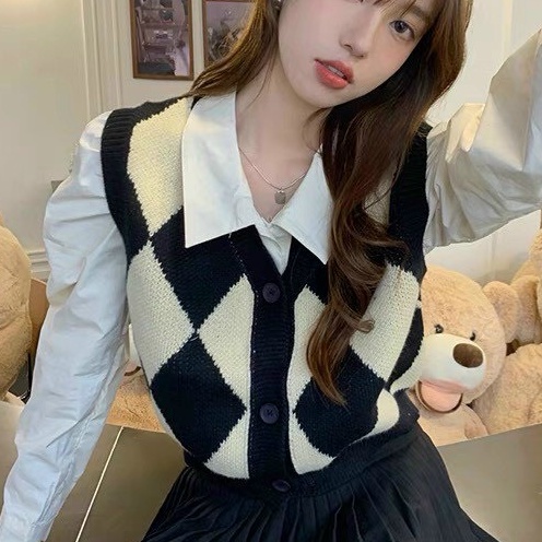 Áo Khoác Gile Nữ Hàn Quốc Ghile Len Cài Cúc Kẻ Caro Trám Ulzzang Vintage