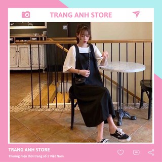 Set yếm váy kaki TRANG ANH dáng thụng Ulzzang - Yếm dài TRANG ANH Hàn Quốc mix áo phông tay lỡ trắng TS214