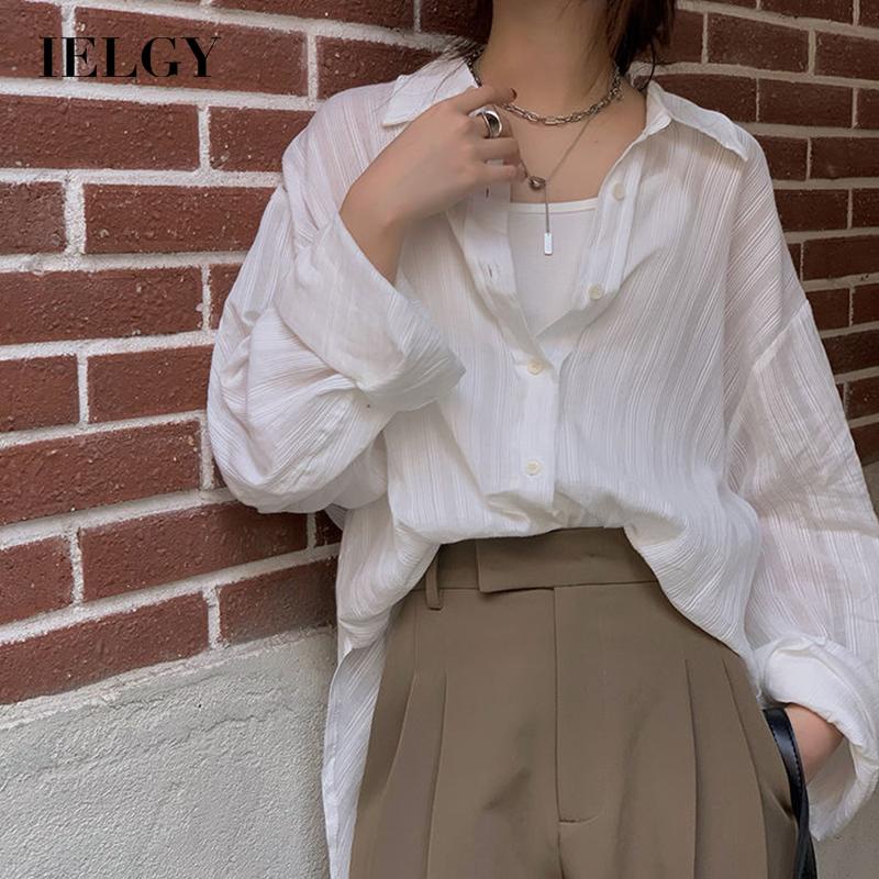 IELGY Áo sơ mi trắng tay dài dáng rộng phong cách Hàn Quốc cổ điển thời trang cho nữ