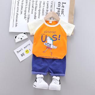 Summer new boys 0-5 years old Xiaoyu pure cotton cartoon surfing T-shirt + Korean high-end two-piece casual cotton pants