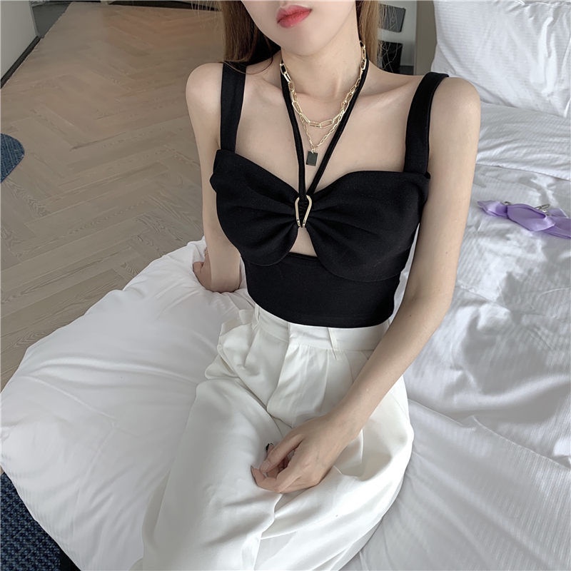 Áo dệt kim hai dây dáng ngắn màu đen thời trang mùa hè cho nữ 2021