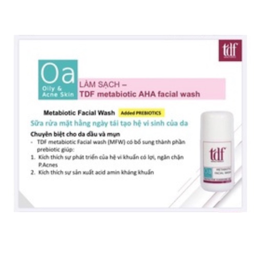 Sữa rửa mặt cho da dầu mụn TDF Metabiotic Facial Wash 100ml được bổ sung thêm men vi sinh có lợi cho da mặt.