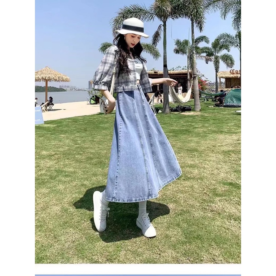 Chân Váy Chữ A Cạp Cao Dáng Dài Bồng Bềnh Chất Jeans Dày Dặn C17